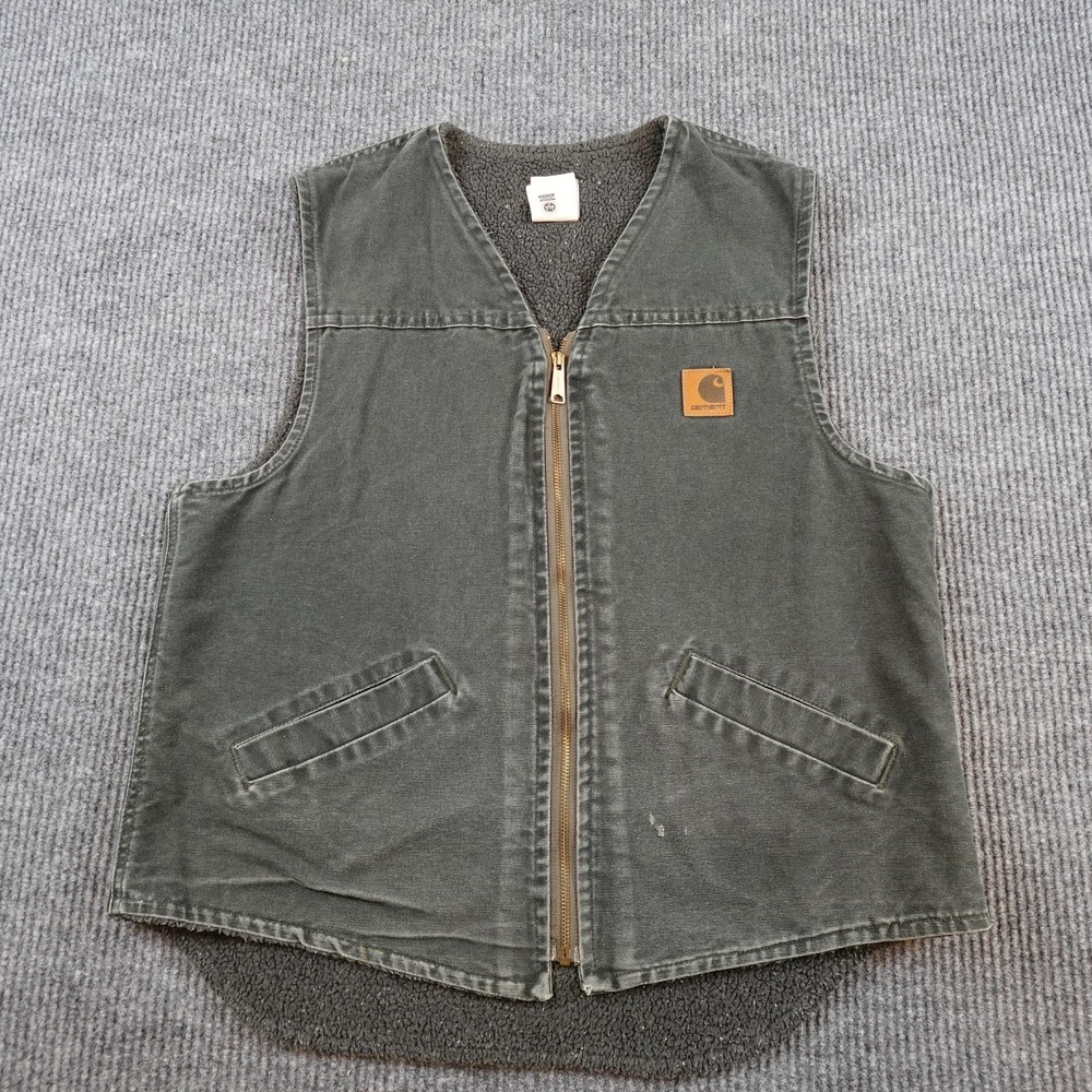Vintage Carhartt V13MOS Moss Green Canvas Sherpa Lined Vest Mens Large Tall USA